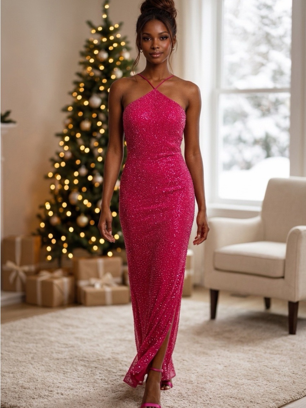 Tiffany Designs Glitter Halter Gown in Hot Pink